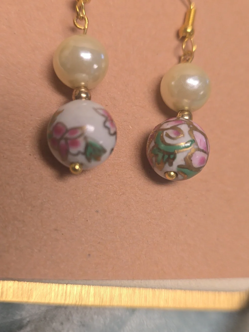 Faux Pearl And Cloisonne Beads Dangle Drop Earrings - Picture 3 of 5
